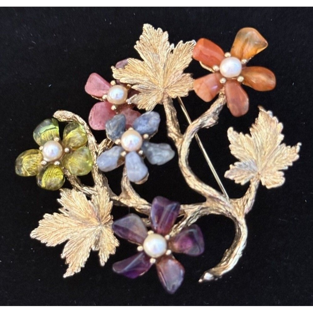 Mint Signed Swoboda Vintage Multi Gemstone and Cultured Pearl Floral Brooch Pin